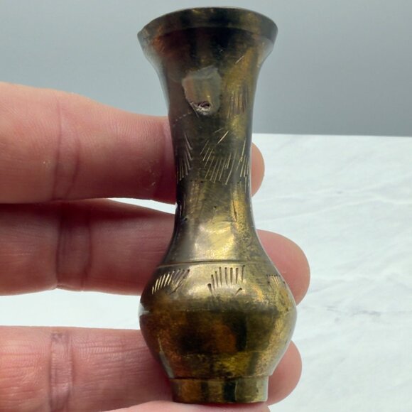Vintage Etched Brass Miniature Vase 3 Inches Tall Antique Collectible Bud - Picture 5 of 11